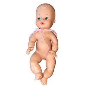 Vintage Baby Doll With Pink Lace Bonnet Blue Eyes & Articulated Limbs